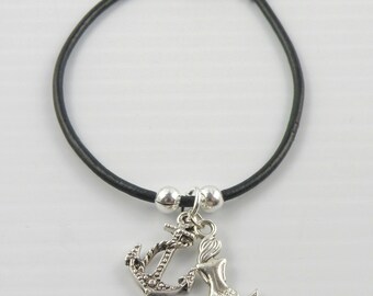 Leather Cord Bracelet Dangling Charm Anchor / Mermaid Lobster Closing Unisex