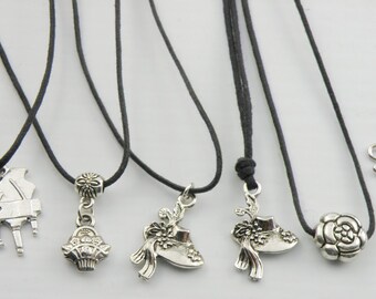Sweet Charms on a Black Cord Necklace / Choker Piano, Hat, Basket of Flowers, Sliding Rose / Minimalist Necklaces / Girls / Boys Unisex