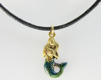 Beautiful MERMAID Pendant on a Black Cotton Surfer Necklace Adjustable UNISEX
