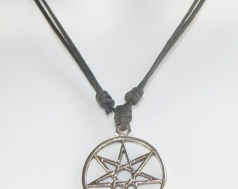 HEPTAGRAM / SEPTAGRAM Silver Tone Pendant  on a Black Surfer Waxed Cotton Cord Choker / Necklace Adjustable Size Unisex