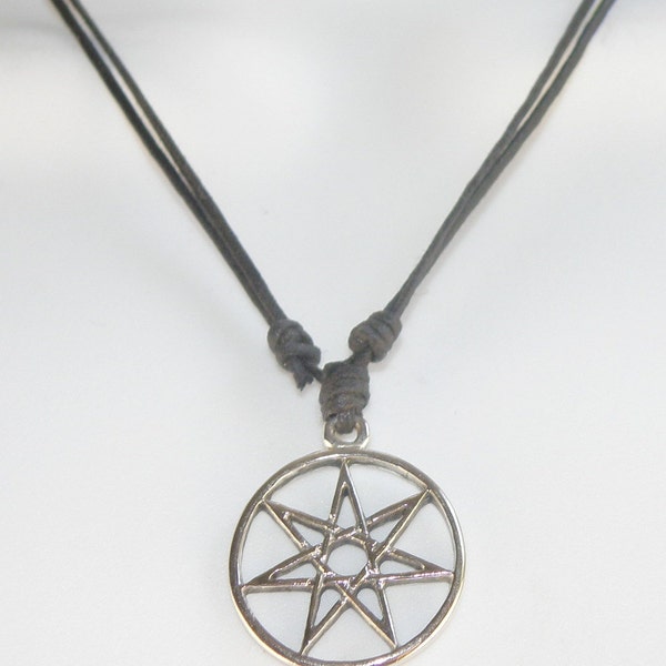 HEPTAGRAM / SEPTAGRAM Silver Tone Pendant  on a Black Surfer Waxed Cotton Cord Choker / Necklace Adjustable Size Unisex