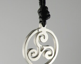 Stainless Steel Celtic Triple Swirl Pendant on a Black Cord Surfer Knot Necklace