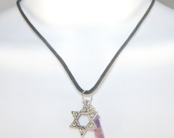 Amethyst Semiprecious Stone in a Leather or Waxed Cotton Cord Necklace / Choker With Small Dangling Charm Silver Tone Star of David