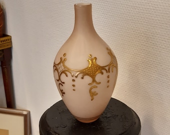 Vintage vase - Bohemia, opal glass pink with gilding