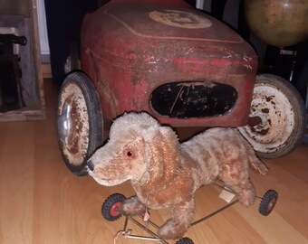 Vintage mohair Clemens dachshund rolling animal, dog on wheels, pull-along animal