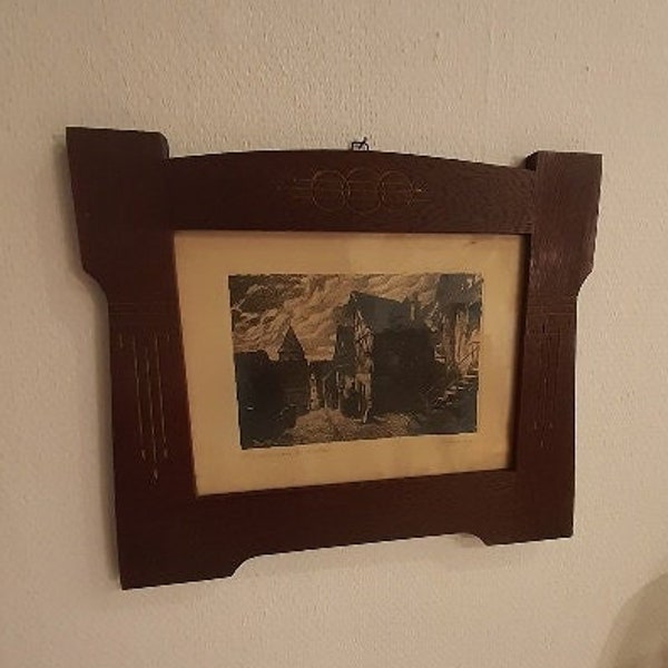 Antique etching "Hirschhorn am Neckar" in an Art Nouveau frame, half-timbered, signed