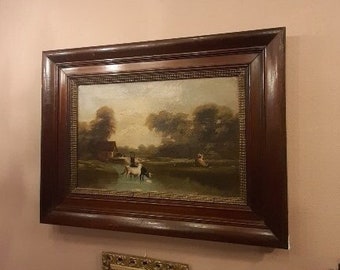 Antique oil painting, England, cows mill, landscape, ca. 1850