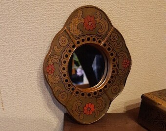 Small vintage wooden mirror, Orient, handmade, painted, flowers