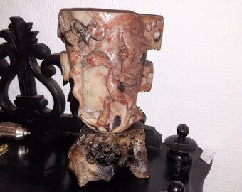 Vintage soapstone carving, diyu, underworld, mythical creature, pen holder, vase