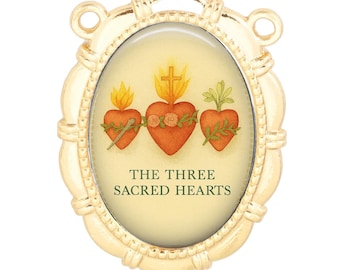 Three Sacred Holy Hearts Rosary Center, Gold or Silver Finish