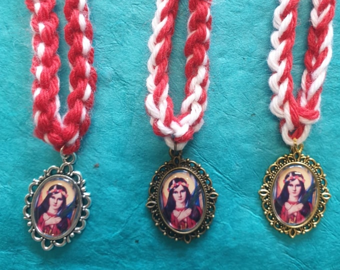 Featured listing image: St. Philomena crocheted cord bracelet, friendship bracelet, religious medal, Catholic gift, Catholic Jewellery with prayer card.