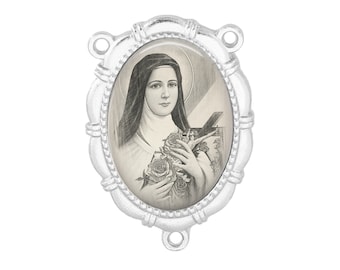 Rosary Center, St Therese, Gold or Silver Finish, Portrait Drawing