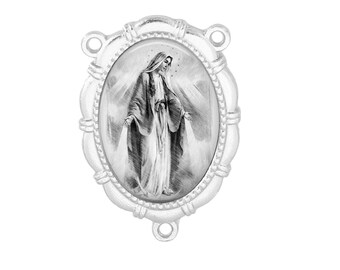 Rosary Center, Miraculous Medal, Portrait Drawing, Gold or Silver Finish