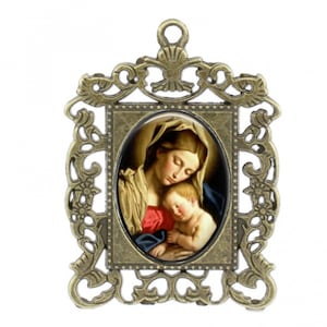 Rosary Center, Mary, Baby Jesus, Large Rosary Center, Antique Finish,  Ornate Frame Center piece, Custom Rosary Centers,