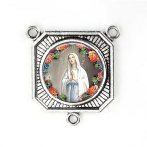 Rosary Center, Our Lady of Lourdes, Large Rosary Center, Silver Finish, Rosary Parts,