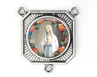 Rosary Center, Our Lady of Lourdes, Large Rosary Center, Silver Finish, Rosary Parts,