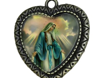 Miraculous Medal, Large Rosary Center, Antique Finish, Heart Centerpiece, Pendant,