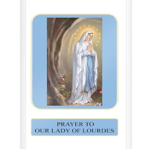 Notre-Dame de Lourdes, carte de prière, cadeaux catholiques, cadeaux religieux, prière catholique, cadeau de communion, cadeau de confirmation, mère Marie,