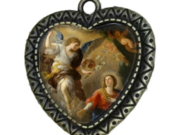Annunciation, Gabriel, Mary, Rosary Center, Large Rosary Center, Antique Finish, Ornate Frame Centerpiece, Custom Rosary Centers,