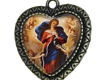 Our Lady, Untier of Knots,  Large Rosary Center, Antique Finish, Heart Centerpiece, Pendant,