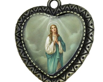 Our Lady, Star of the Sea, Large Rosary Center, Antique Finish, Heart Centerpiece,  Pendant,