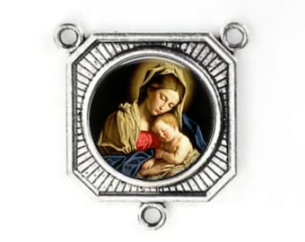 Rosary Center, Mary, Baby Jesus, Large Rosary Center, Silver Finish, Rosary Parts,