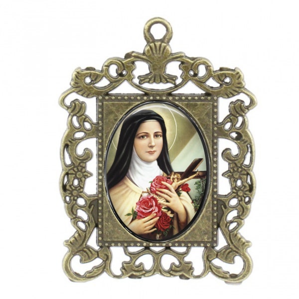Rosary Center, Theresa de Lisieux, Large Rosary Center, Antique Finish,  Ornate Frame Centerpiece, The Little Flower, Custom Rosary Centers,
