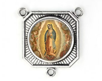 Rosary Center, Our Lady of Guadalupe, Virgin of Guadalupe, Large Rosary Center, Silver Finish, Rosary Parts,