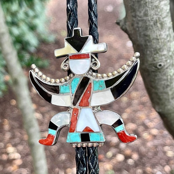 Zuni Inlay Celebration Man Bolo Tie with Turquoise, Mother of Pearl, black jet and coral, Authentic Zuni Inlay Bolo Tie (2/126)