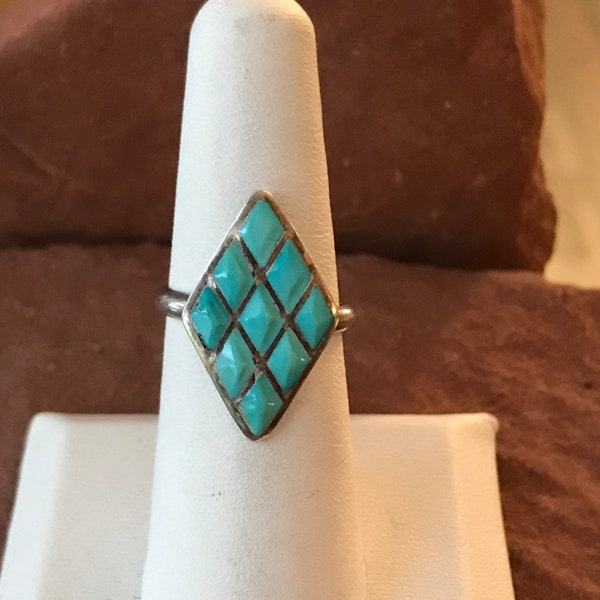 Zuni Inlay Sterling Silver Ring with Diamond-shaped Turquoise Stones-Vintage in size 5.5   (AS203)