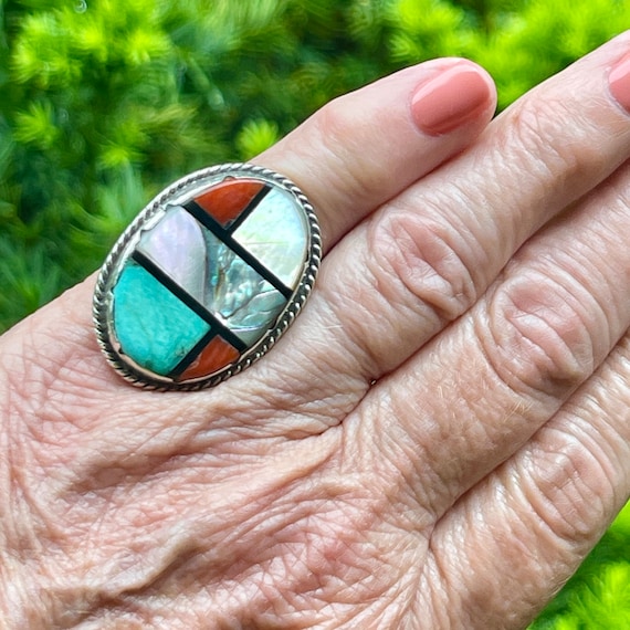 Authentic Zuni Ring with Multi-stone Inlay, vinta… - image 1