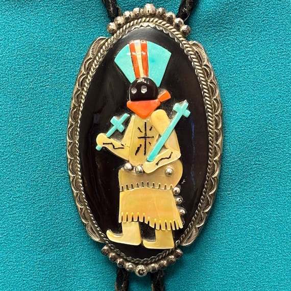 Beverly Etsate Zuni Inlay Apache Dancer Bolo Tie … - image 3