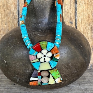 Mary Louise Tafoya, Kewa (Santo Domingo) Pueblo Multi Stone Mosaic Necklace on Turquoise 5/94
