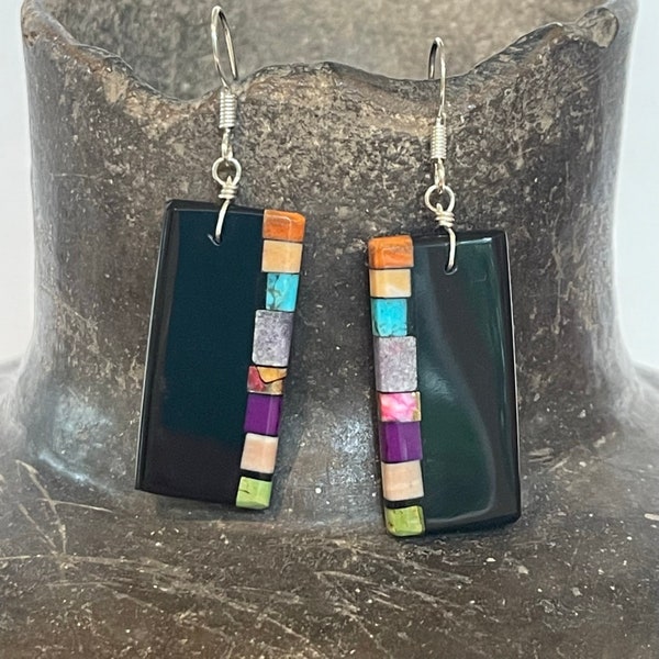 Native American Mosaic Dangle Earrings with Jet, Turquoise, Abalone and other materials. Mary Tafoya, Kewa (Santo Domingo) Pueblo  3/163