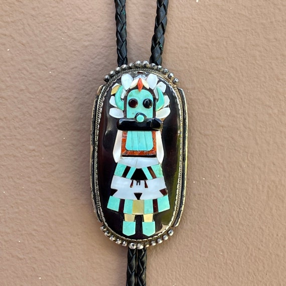 Very Important Shalako Vintage Native American Zuni Turquoise Sterling Silver Bolo Tie Very Important Shalako Vintage Native American Zuni Turquoise Sterling Silver Bolo Tie