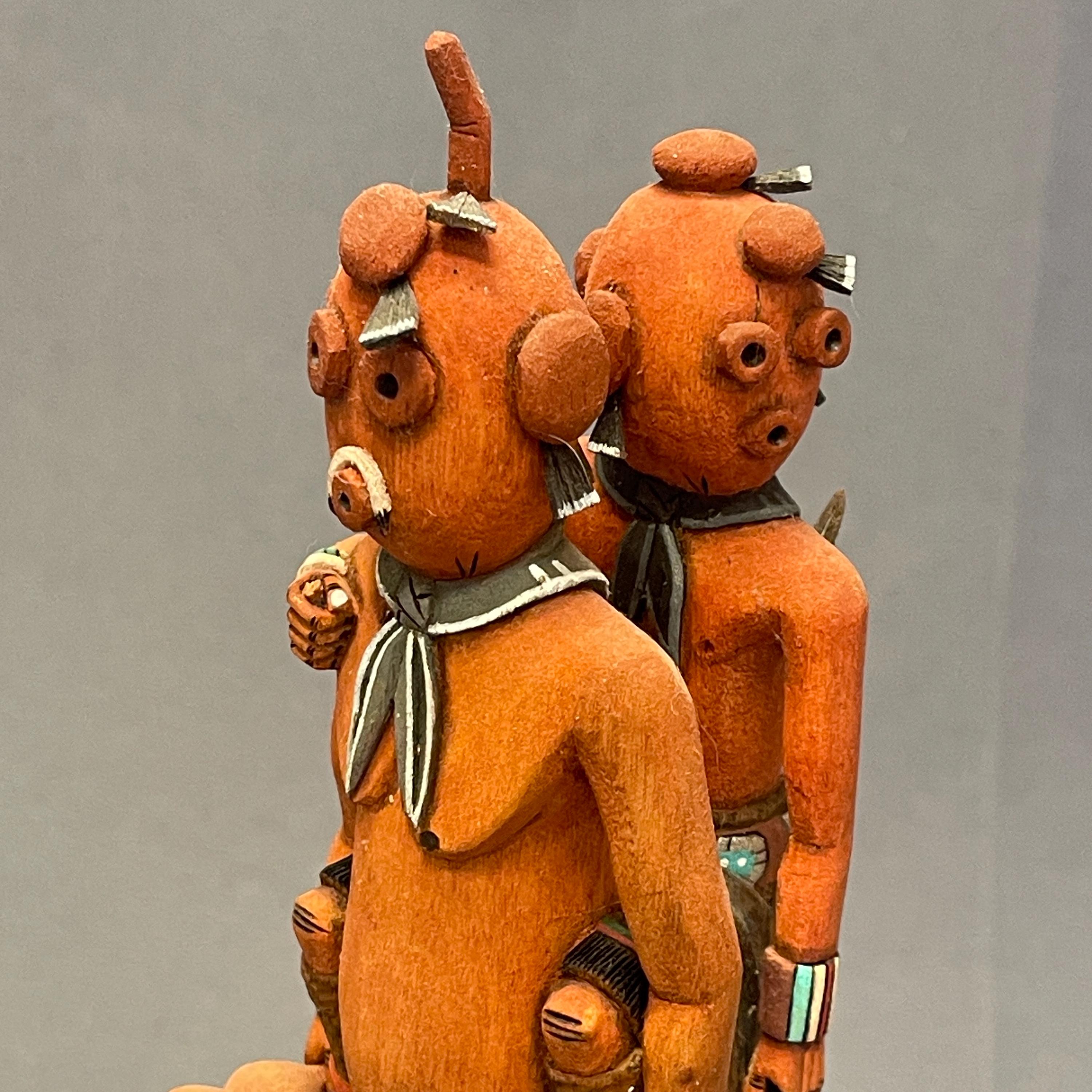 Derrick Hayah Mudhead Carrying Paralyzed Mudhead Carving, Hopi