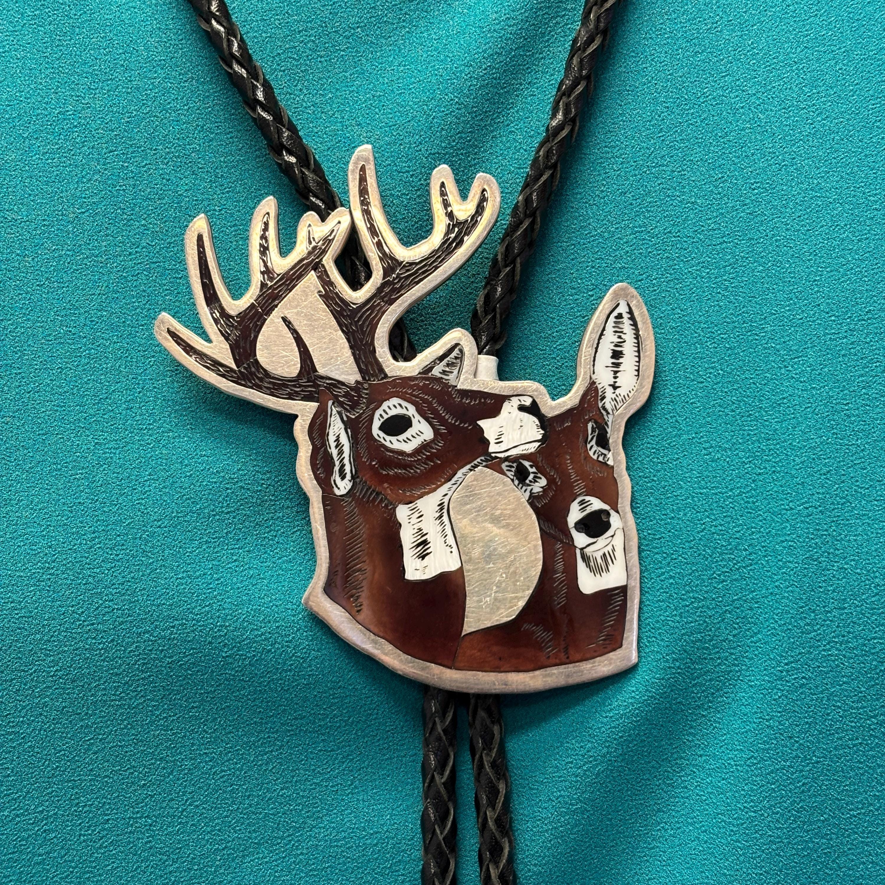Dale Edaakie, Shell Zuni Inlay Bolo Tie W/ Buck and Doe Design