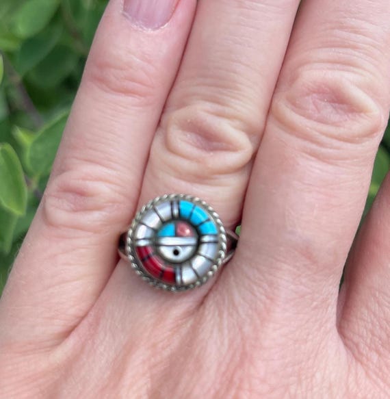 Authentic Zuni Sunface Ring with Multi-stone Inla… - image 1