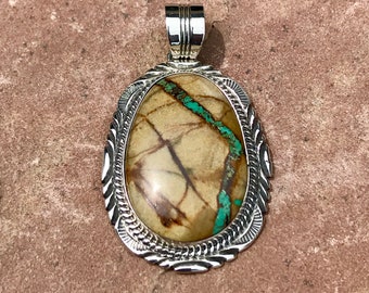 Will Denetdale, Boulder or Ribbon Turquoise Navajo Pendant, Sterling silver Navajo pendant with Boulder TQ, by W Denatdale (1/257)