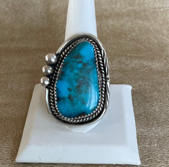 southwestern stamped 925 Native American sterling 925 silver handmade ring with carico turquoise Size 8