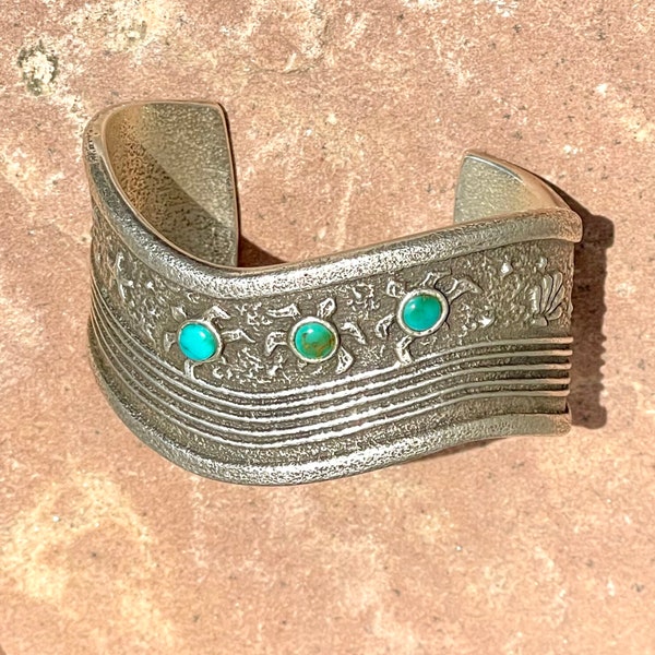 Rebecca Begay, Navajo, Tufa cast bracelet with Turtle design and Blue Gem Turquoise, Natural Blue Gem Turquoise cuff (NL78)