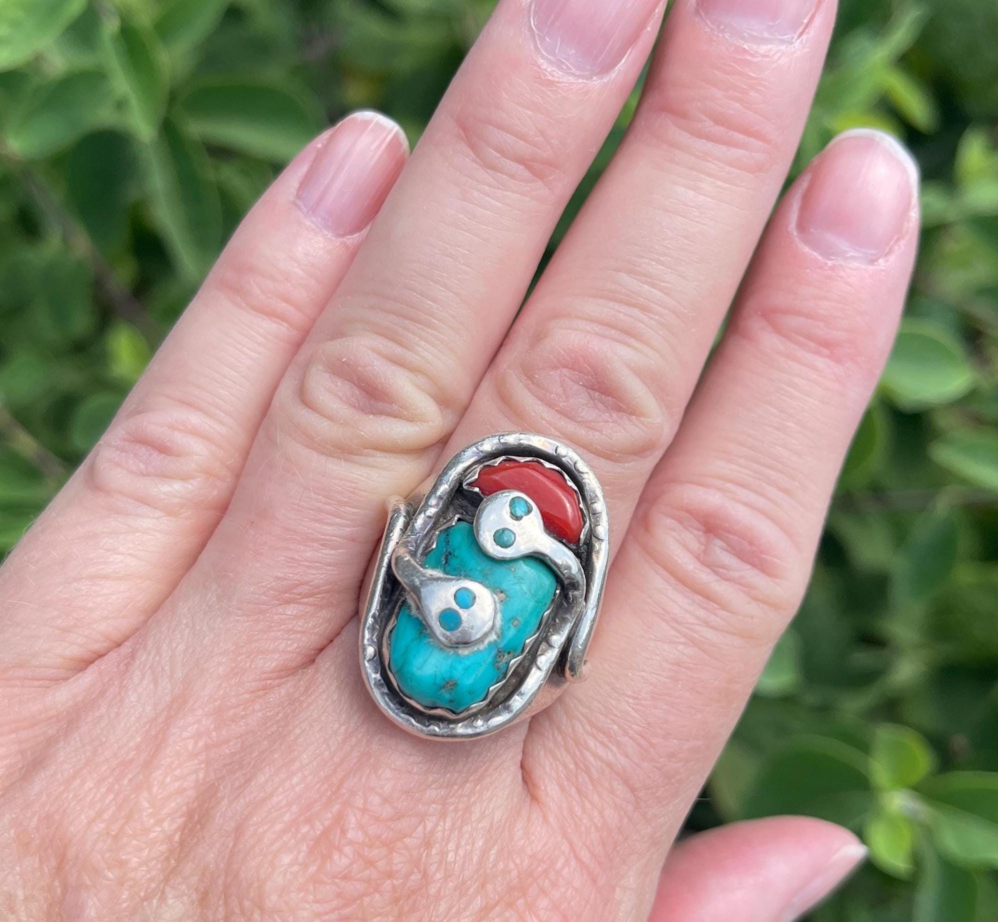 Effie Calavaza Vintage Zuni Turquoise and Coral Ring With Snake