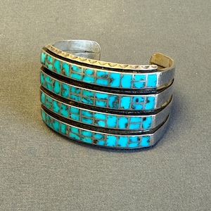 Zuni Sterling Silver and Turquoise Inlay Bracelet, vintage 5/86