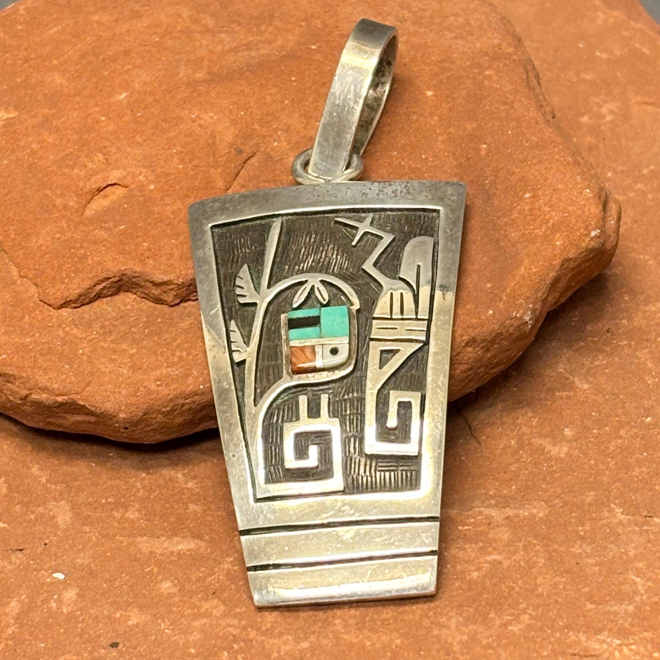 Longhair Kachina Design Sterling Silver Hopi Overlay Pendant With