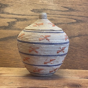 Vintage Alaskan Sea Grass Basket with Egret Pattern by Lucy Leach (SSB22)