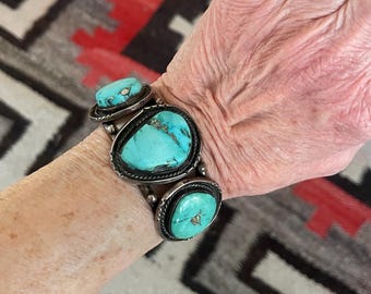Vintage Navajo Bracelet with Three Turquoise Stones and Rope Detail   5/84