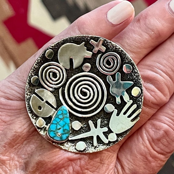 Alex Sanchez Navajo zuni Ring With Kingman Turquoise Tribal Symbols petroglyph Turquoise Jewelry Ring Size 10 2 145 Etsy