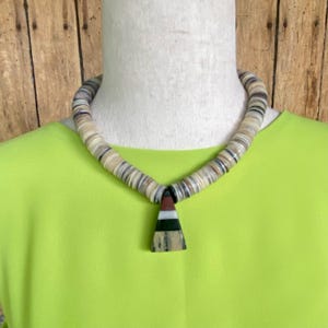 Authentic Santo Domingo Necklace with Rolled Shell Heishi Beads and Mosaic Pendant  (KS39)