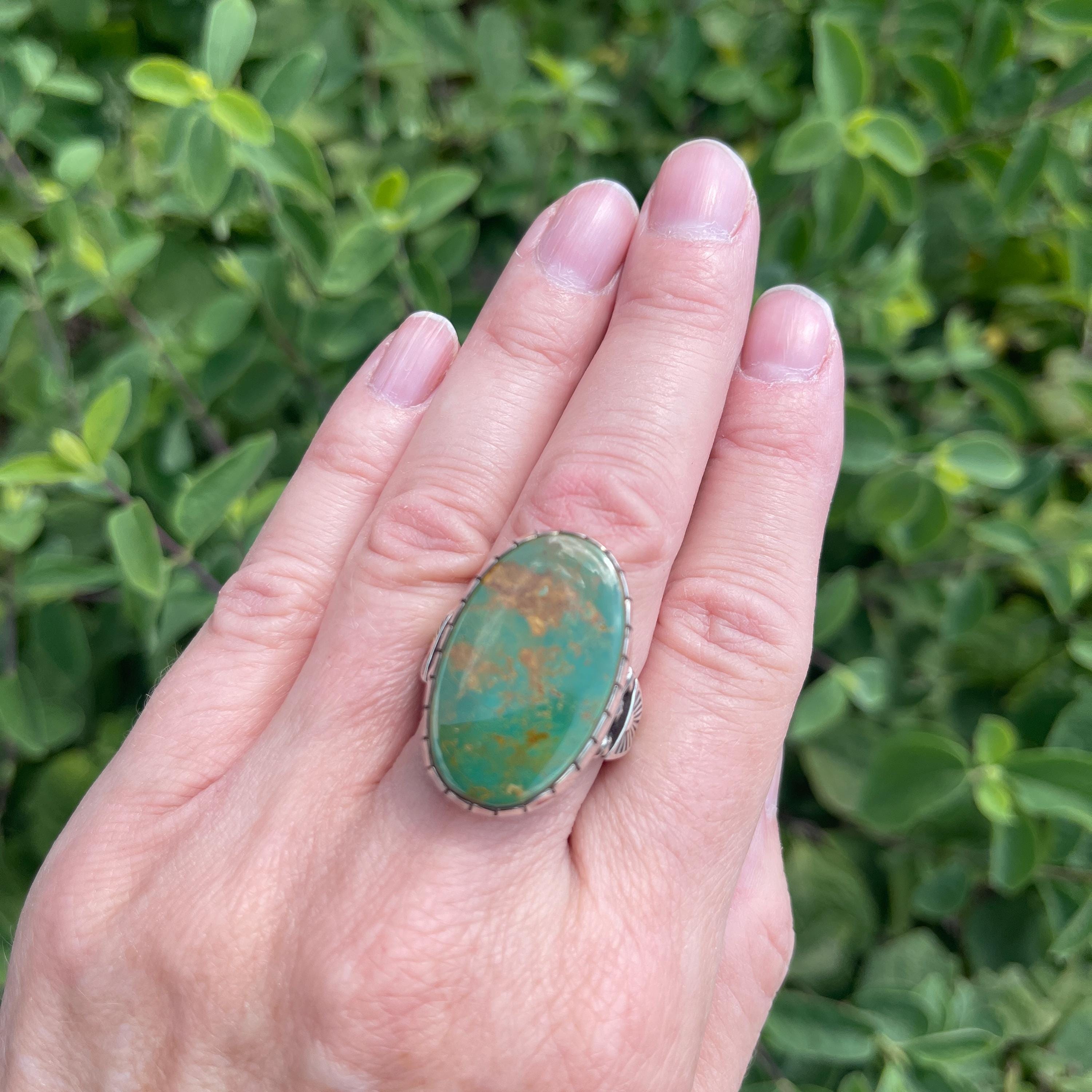 Large Navajo Green Turquoise and Sterling Silver Ring, Vintage by