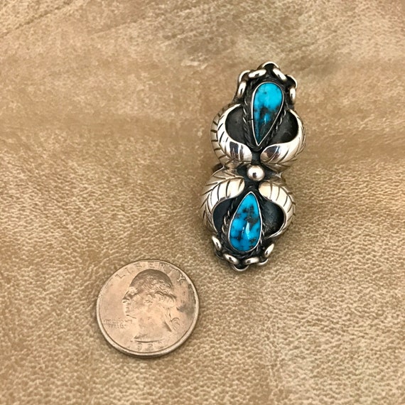 Vintage Navajo Blue Turquoise Ring with Leaf Desi… - image 5